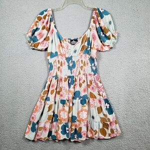 Angie Dress Womens Large Floral Smocked Babydoll Mini Flowy Festival Y2K Boho